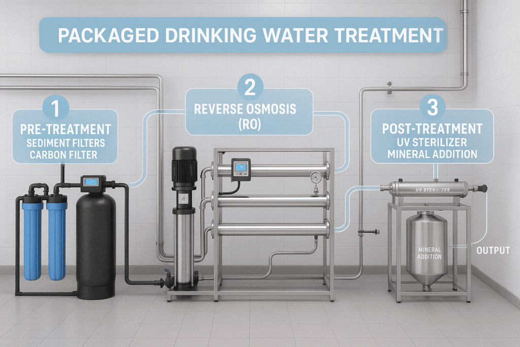 What types of water treatment are needed for packaged drinking water?