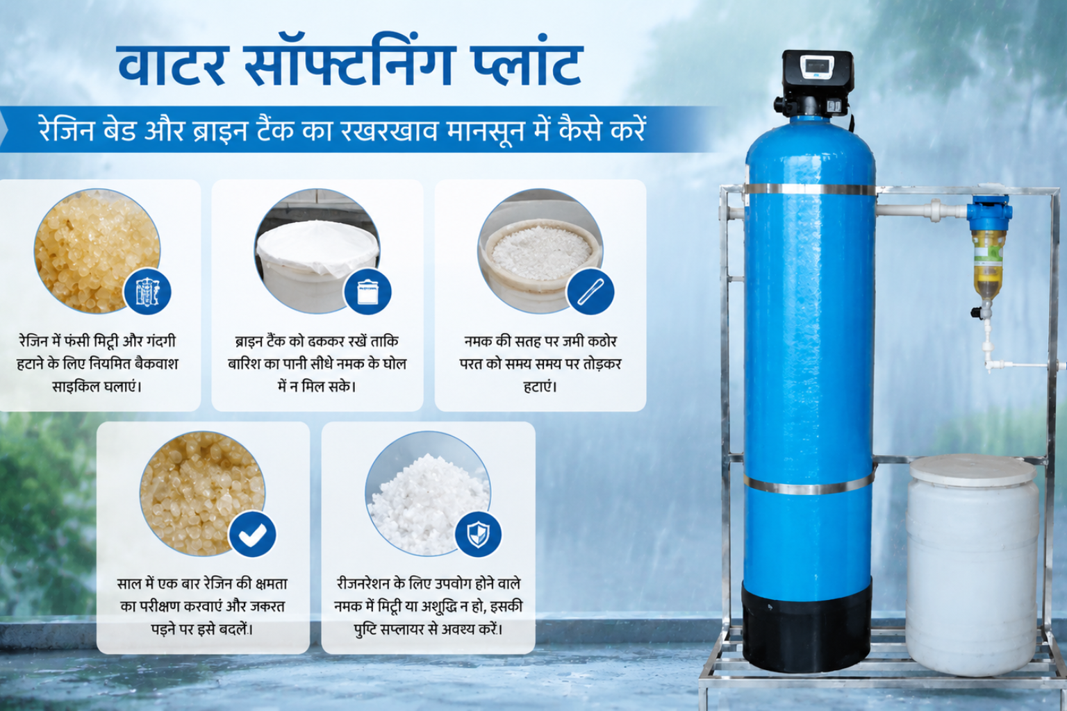 वाटर सॉफ्टनिंग प्लांट रेजिन बेड ब्राइन टैंक रखरखाव मानसून कैसे करें